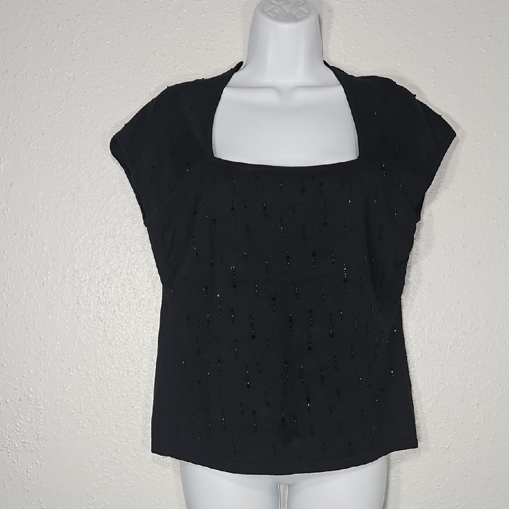 Ann Taylor Petites Black Beaded Cap Sleeve Square Neck Top LP